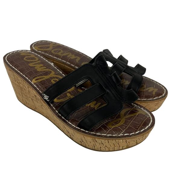 SAM EDELMAN Rolita Cork Wedge Black Leather Sandal SZ 7.5 - Picture 1 of 11